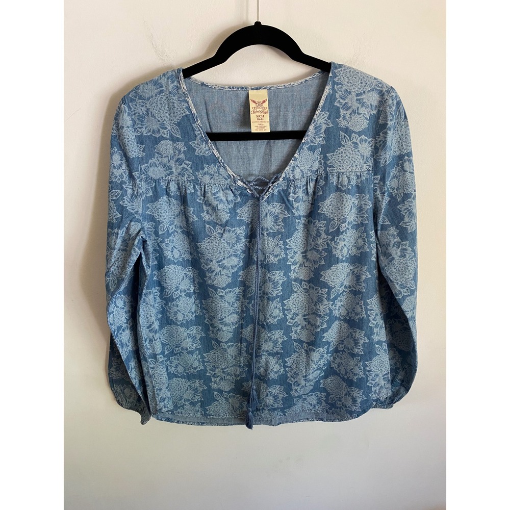 Blue Floral Cotton Chambray Peasant Blouse Lace Up Tie Small 4-6